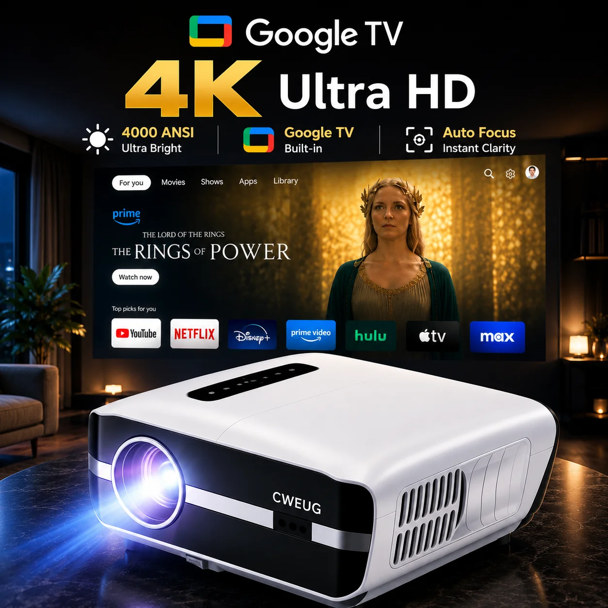 Home Cinema Gaming - NewA9S 4k Projector Auto Focus Daytime